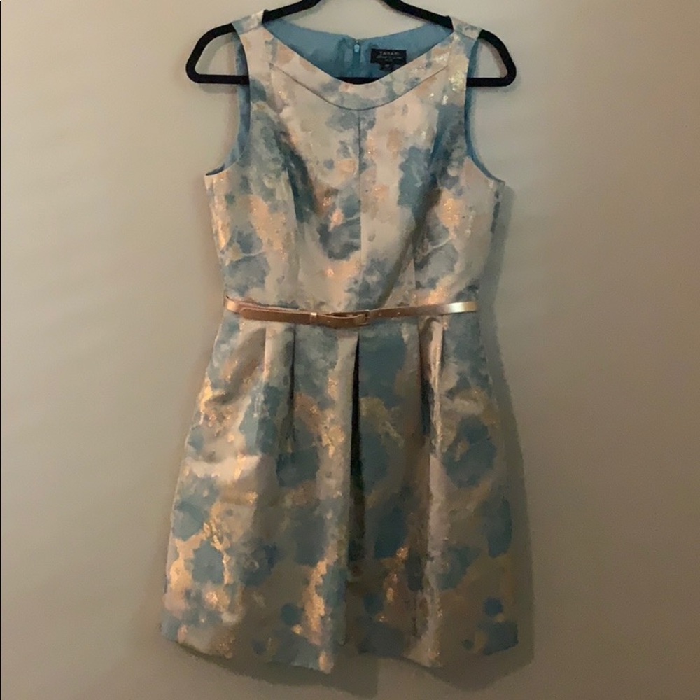 Tahari blue and gold belted dress
